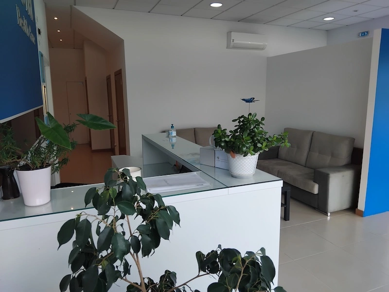 Área de espera com sofás confortáveis e plantas decorativas